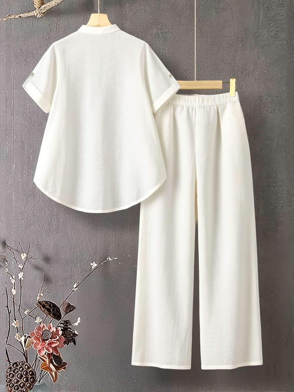 New V-neck Button-detail Short-sleeve Top with Elastic Waist and Side Slant Pockets Women's Set - White