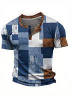 Men's Fashion Top, Spring/Summer Casual 3D Digital Waffle Print Crew Neck Single-Breasted Button Short Sleeve Henley Shirt - Blue