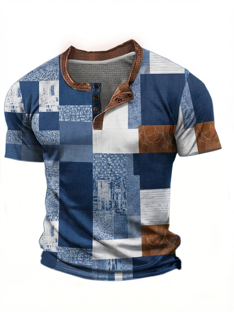Men's Fashion Top, Spring/Summer Casual 3D Digital Waffle Print Crew Neck Single-Breasted Button Short Sleeve Henley Shirt - Blue