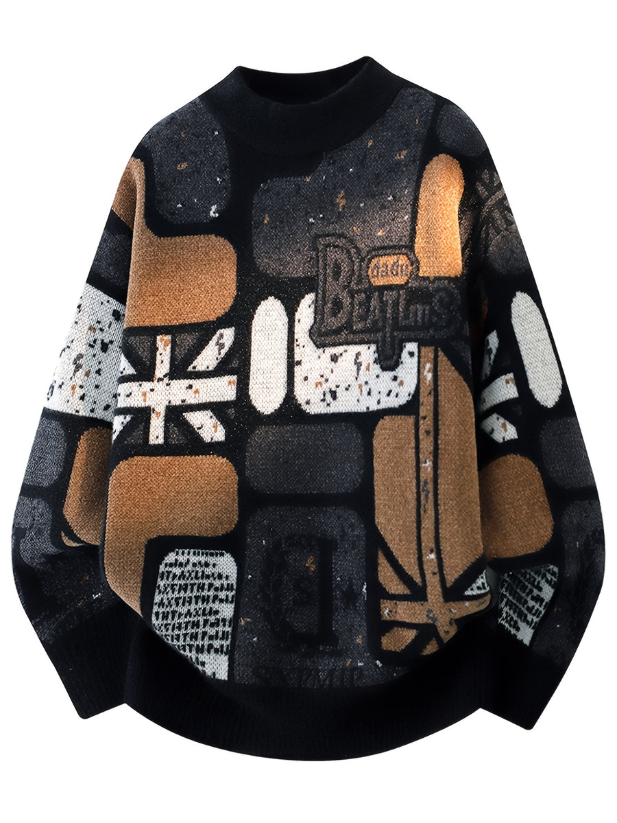 Youthful Street Style Pullover Sweater with Letter Geometric Pattern, Trendy Knit Top for Men, Suitable for Layering or Wearing Alone - Black