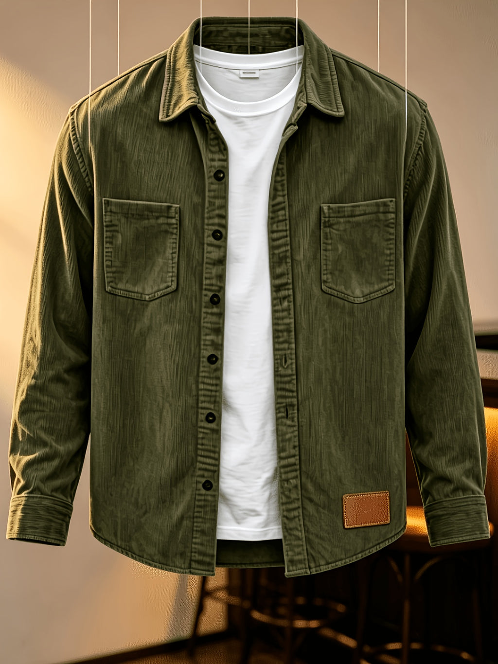 Men'S Fashion Corduroy Solid Color Lapel Shirt, Pocket Embellished Casual Open Front Blouse Men'S Top Shirt - Olive Green