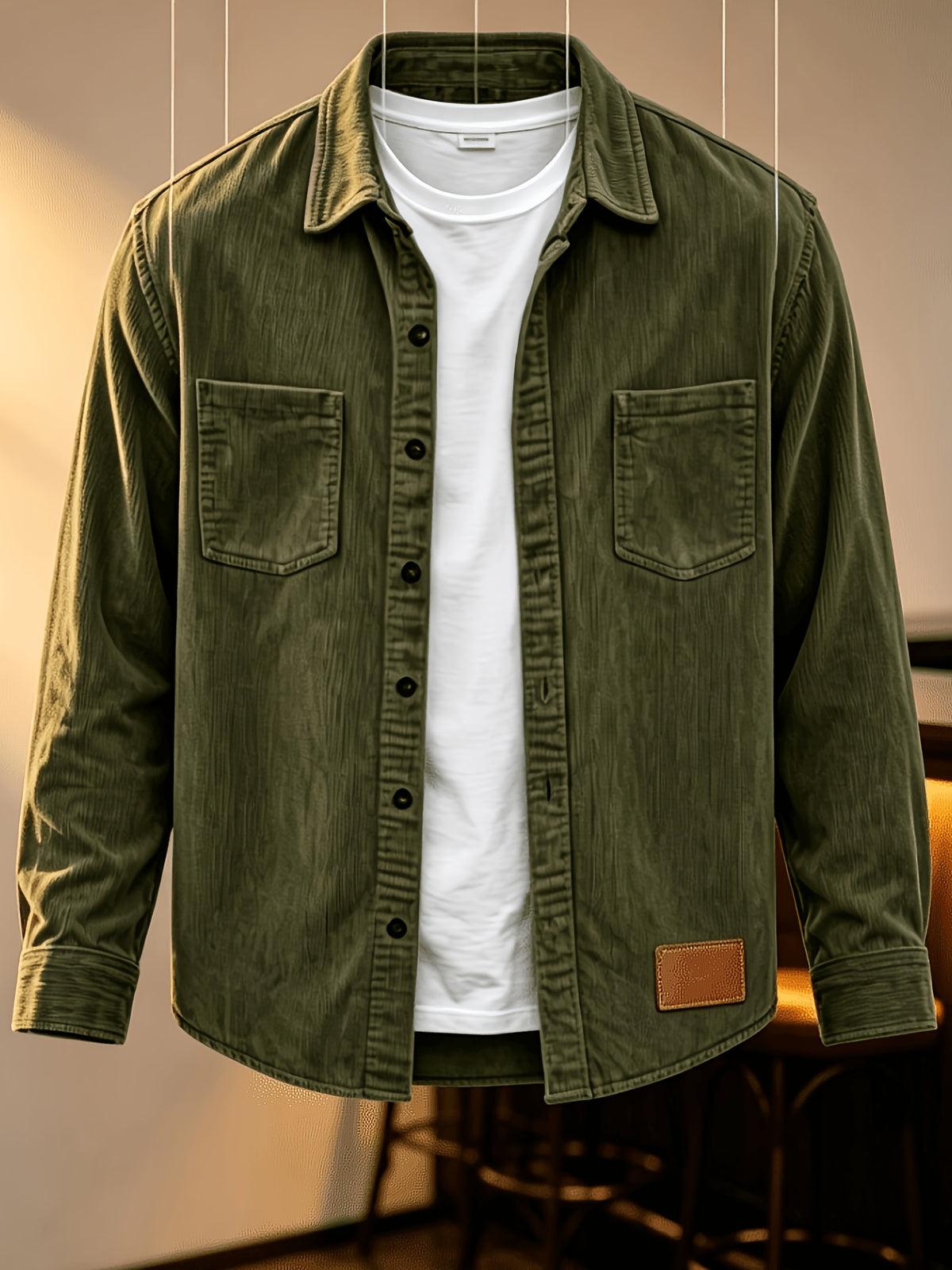 Men'S Fashion Corduroy Solid Color Lapel Shirt, Pocket Embellished Casual Open Front Blouse Men'S Top Shirt - Olive Green