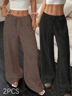 2pcs Set of Women's Elegant Casual Straight-leg Trousers - Black+Coffee