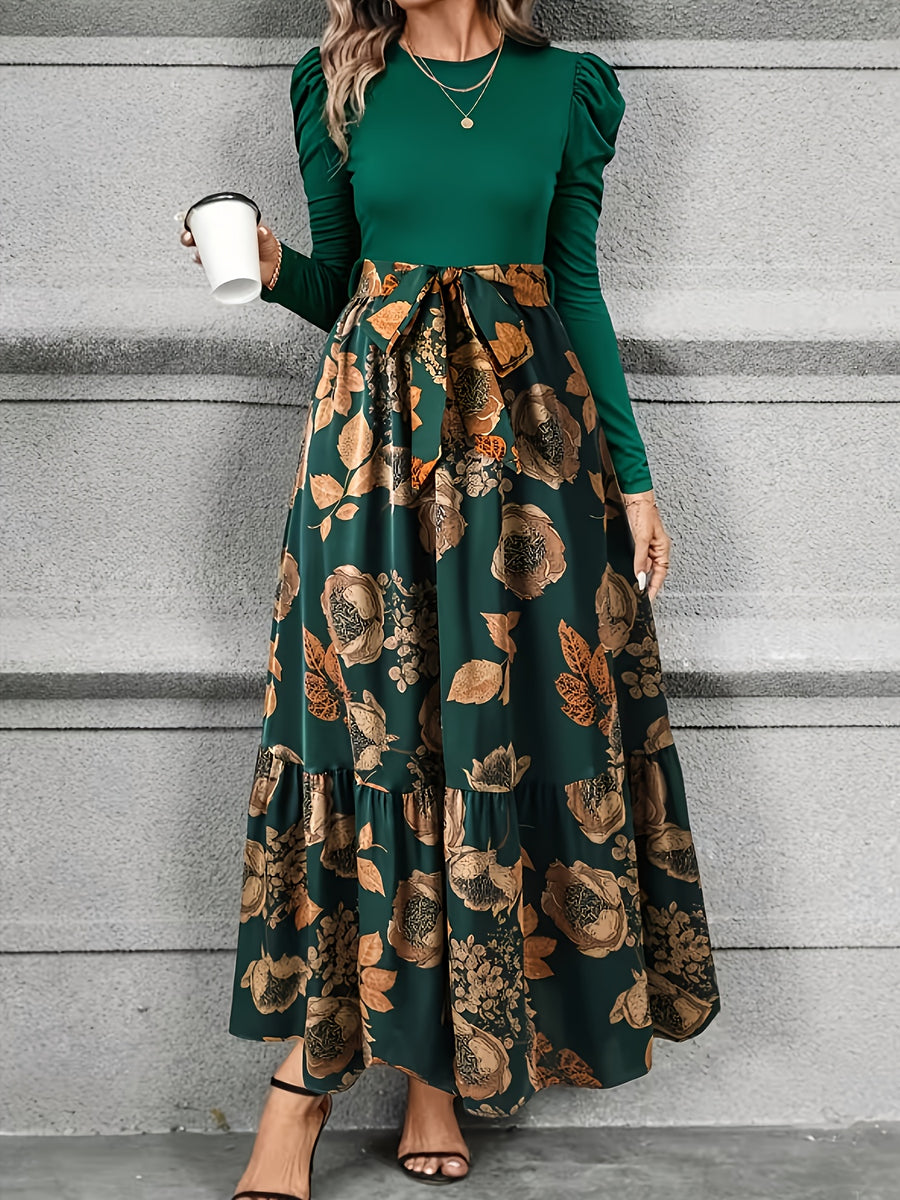 Spring And Autumn Style Women'S Floral Print Puff Sleeve Tie-String Long Sleeve Dress - Dark Green