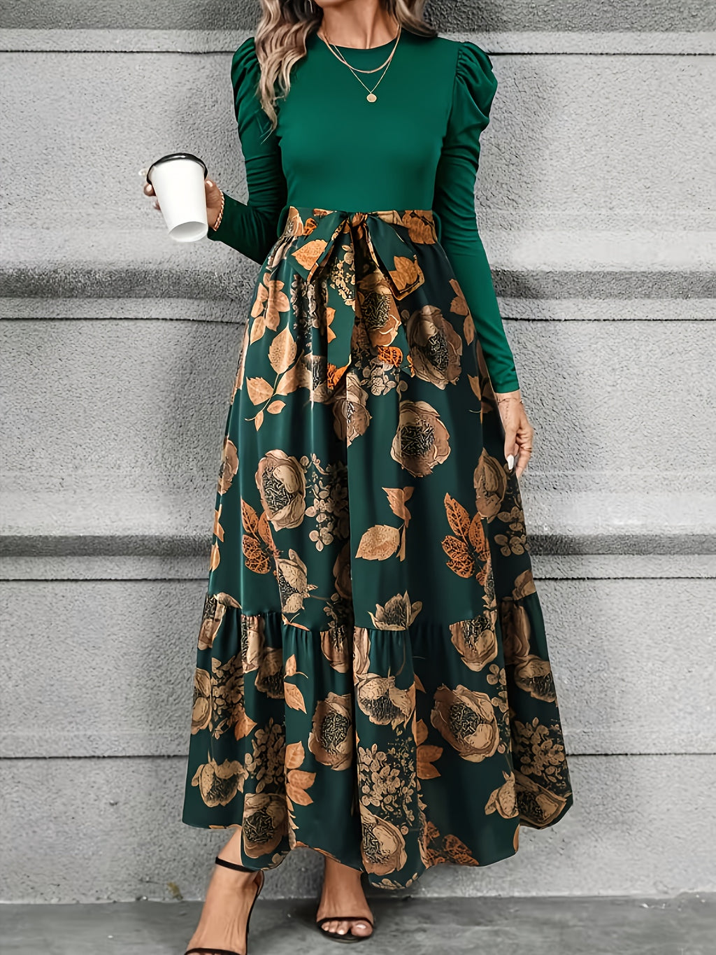 Spring And Autumn Style Women'S Floral Print Puff Sleeve Tie-String Long Sleeve Dress - Dark Green