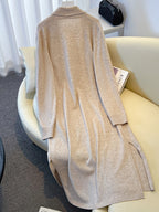 Lazy Style Long Cardigan Women'S Spring Autumn Loose Over-The-Knee Open Front Coat Versatile Outerwear Side Slit Easy Sweater QD260615164 - Apricot
