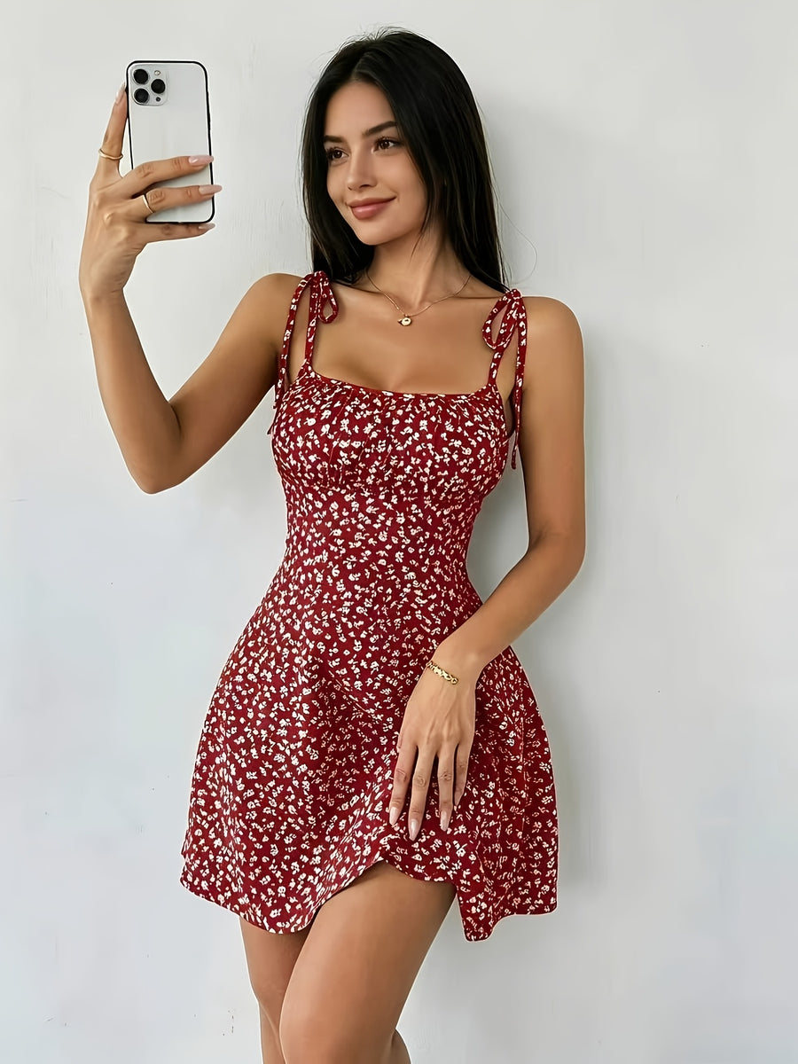 Summer French New Sweet Waist A-Line Fashionable Short Skirt Floral Elegant Suspender Loose Mini Dress - Burgundy