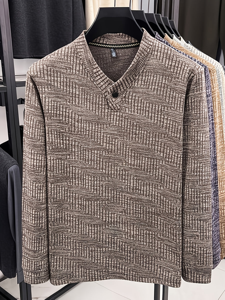 Men's Henley Collar Single-Button Long-Sleeve T-Shirt, Textured Jacquard Knit Top, Spring/Autumn Business Casual Daily Commute Base Layer Shirt - Coffee Color