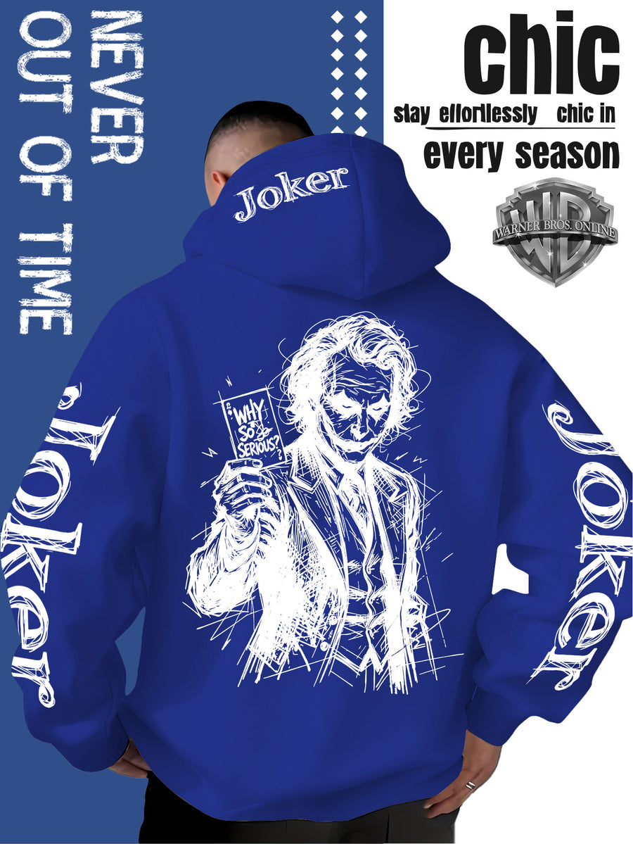 WB Warner Bros. Official Licensed Men's Joker Hooded Sweatshirt - Iconic Joker Portrait Print Hoodie, Soft Pilling-Resistant Fabric, Loose Fit Streetwear Pullover Suitable for Autumn/Winter, Machine Washable for Home, Outings & Joker-Themed Apparel - Royal Blue