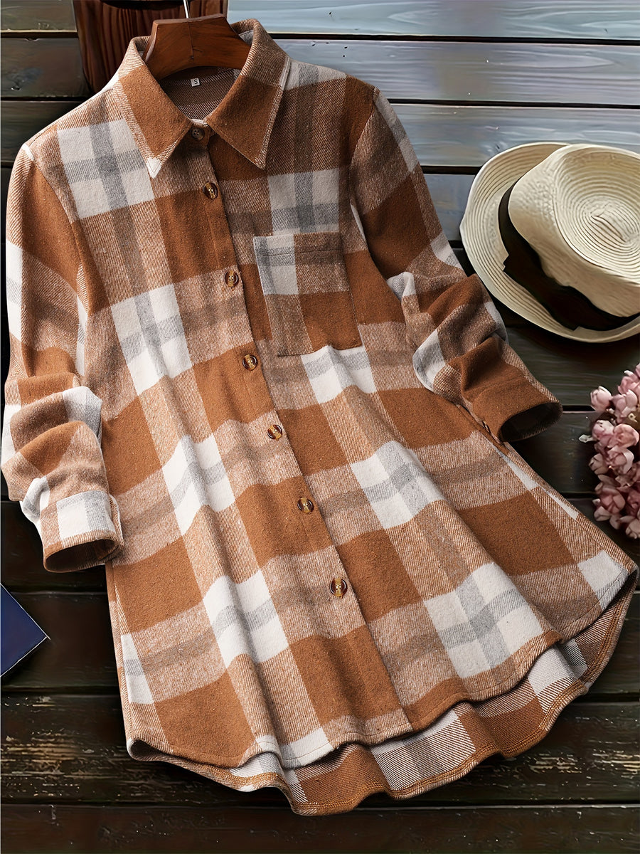 Fashion Women's Plaid Casual Shirt Jacket - Khaki