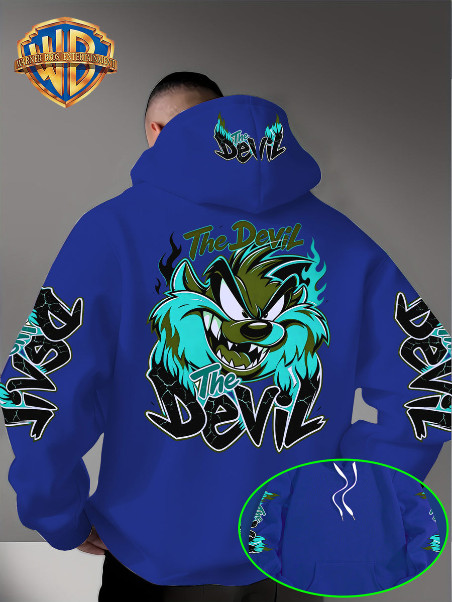 Le Yitong Big Mouth Monster The Devil Flame Print Hoodie, with Sleeve Print Design, Kangaroo Pouch And Drawstring Hood, Suitable for Autumn/Winter Casual Wear And Outdoor Activities - Blue