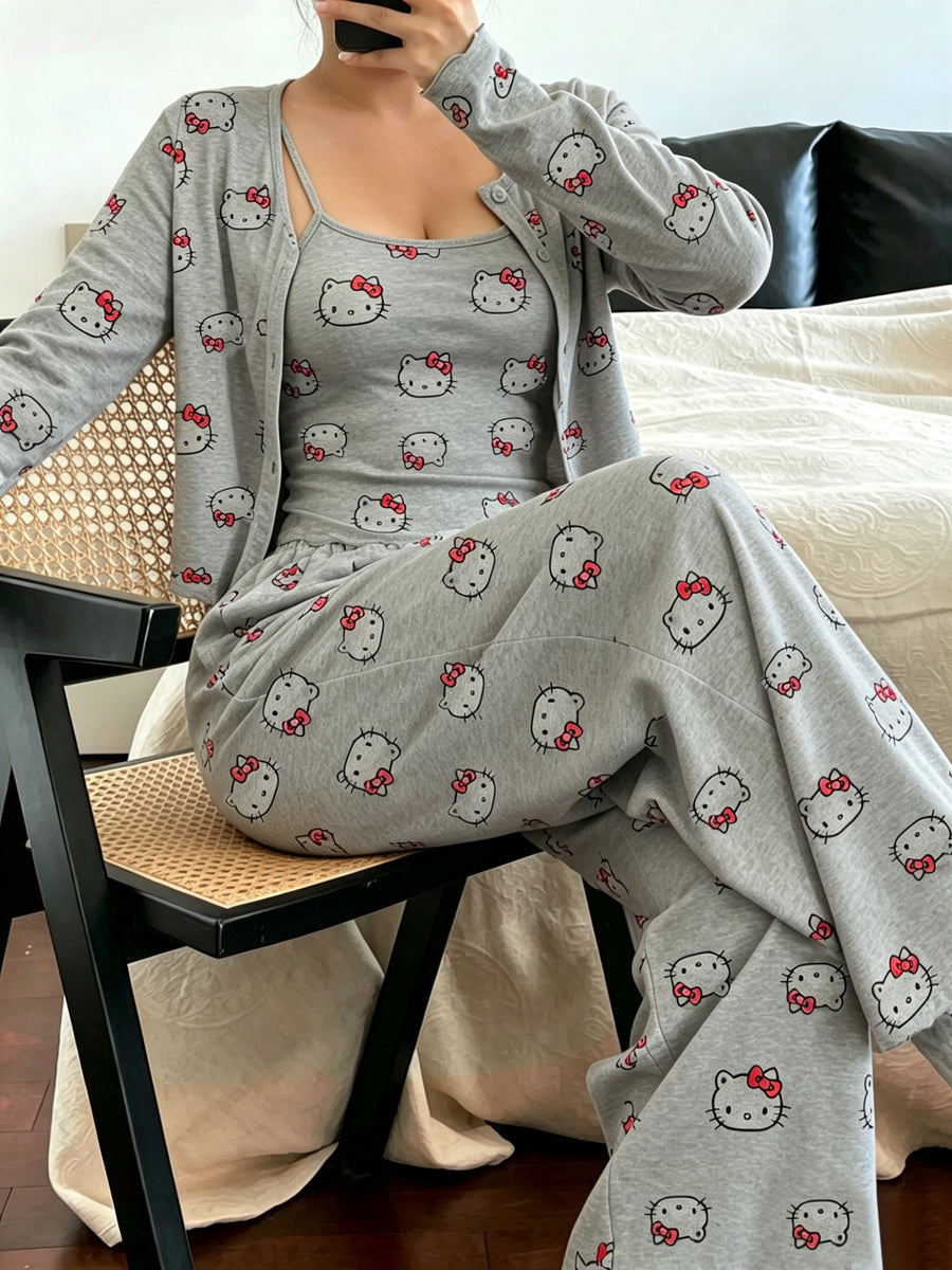 Plus Size New Spring/Summer Cute Hello Kitty Print Pajama Set, Women's Camisole Long Sleeve Long Pants 3pcs Loungewear Set - Sanrio - Mixed colors