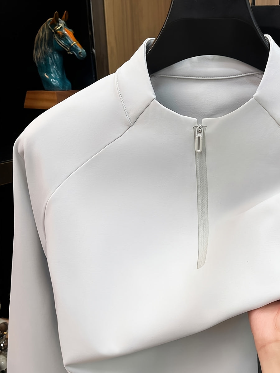 Men's Half-Zip Stand Collar Long-Sleeve Base Layer Shirt, Half-Zip Stand Collar Design, Simple and Professional, Adjustable Neckline Opening. -SINBOS - Beige gray