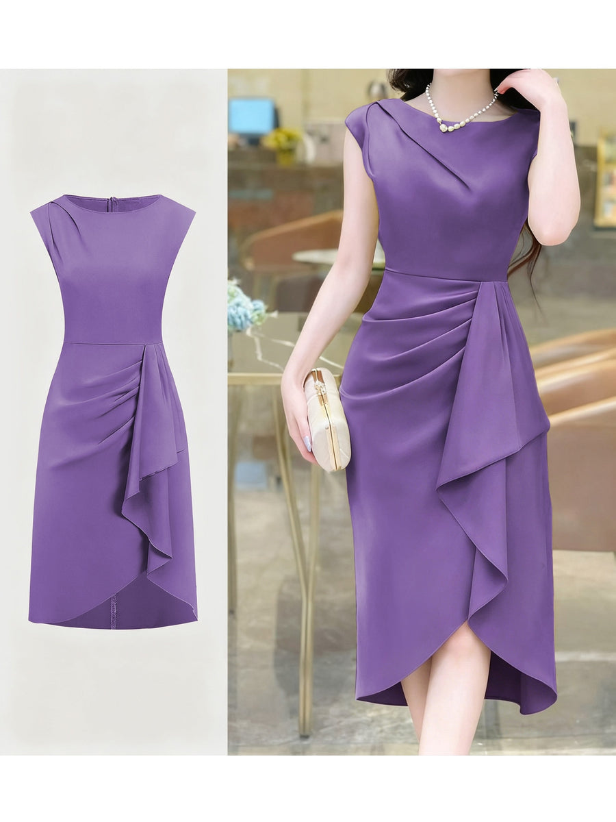 Spring-Summer Pleated Asymmetrical Elegant Design Women's Dress Gown - Purple