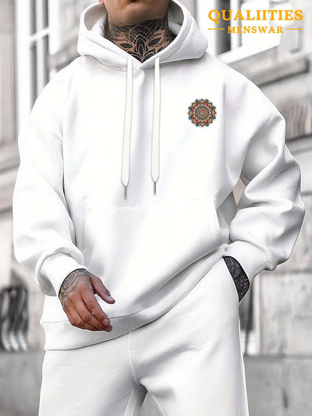 Men's "Mandala" Print Hooded Sweatshirt - Relaxed Fit, Simple and Distinctive Design, Loose Cut for Comfort and Style, Machine Washable Casual Pullover for Autumn/Winter, Suitable for Casual Wear, Hooded Sweater, Winter Apparel, Fashionable Design - White