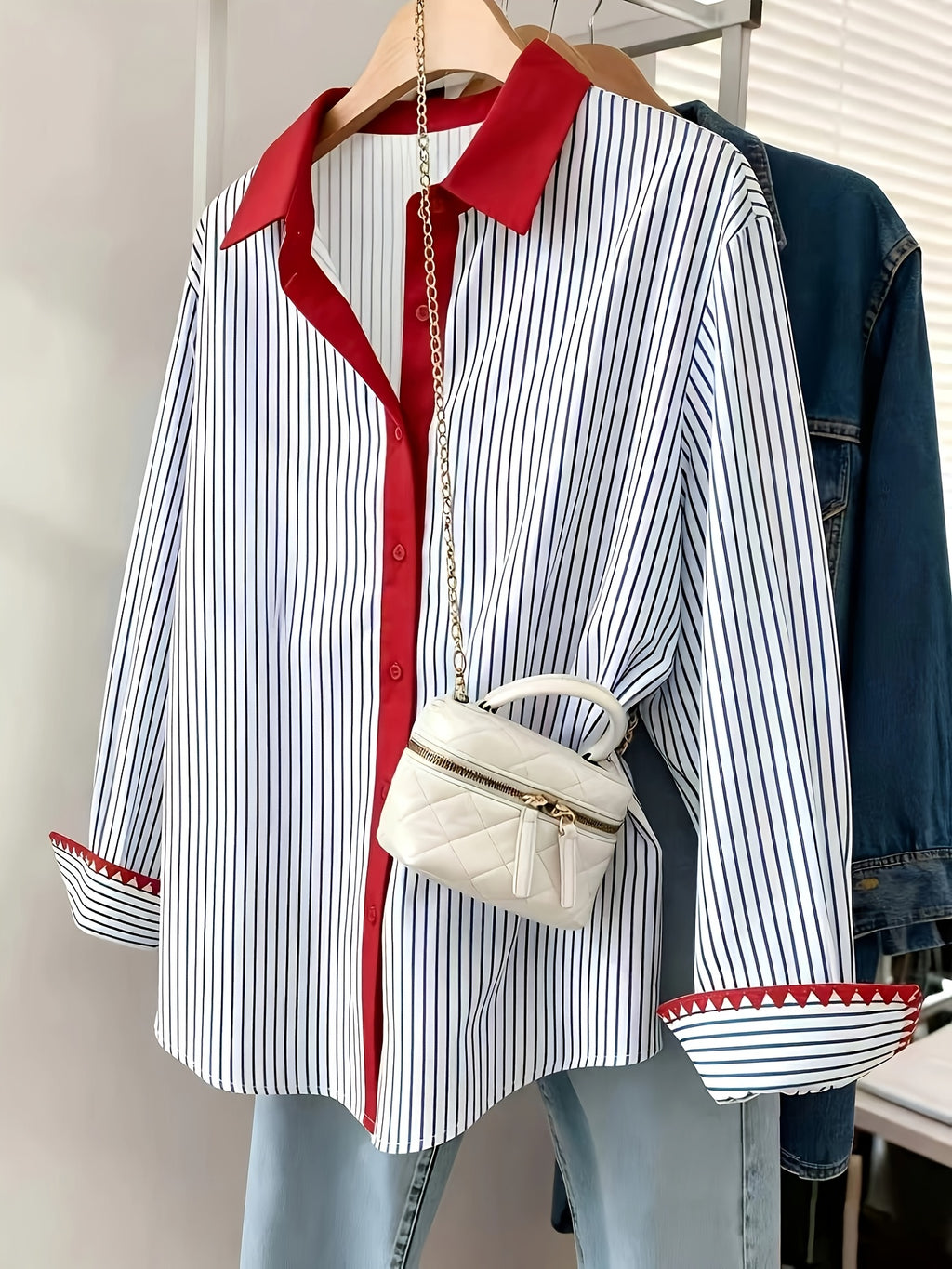 Women'S Casual Commuter Striped Color Block Shirt - Blue Stripes