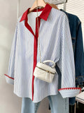 Women'S Casual Commuter Striped Color Block Shirt - Blue Stripes