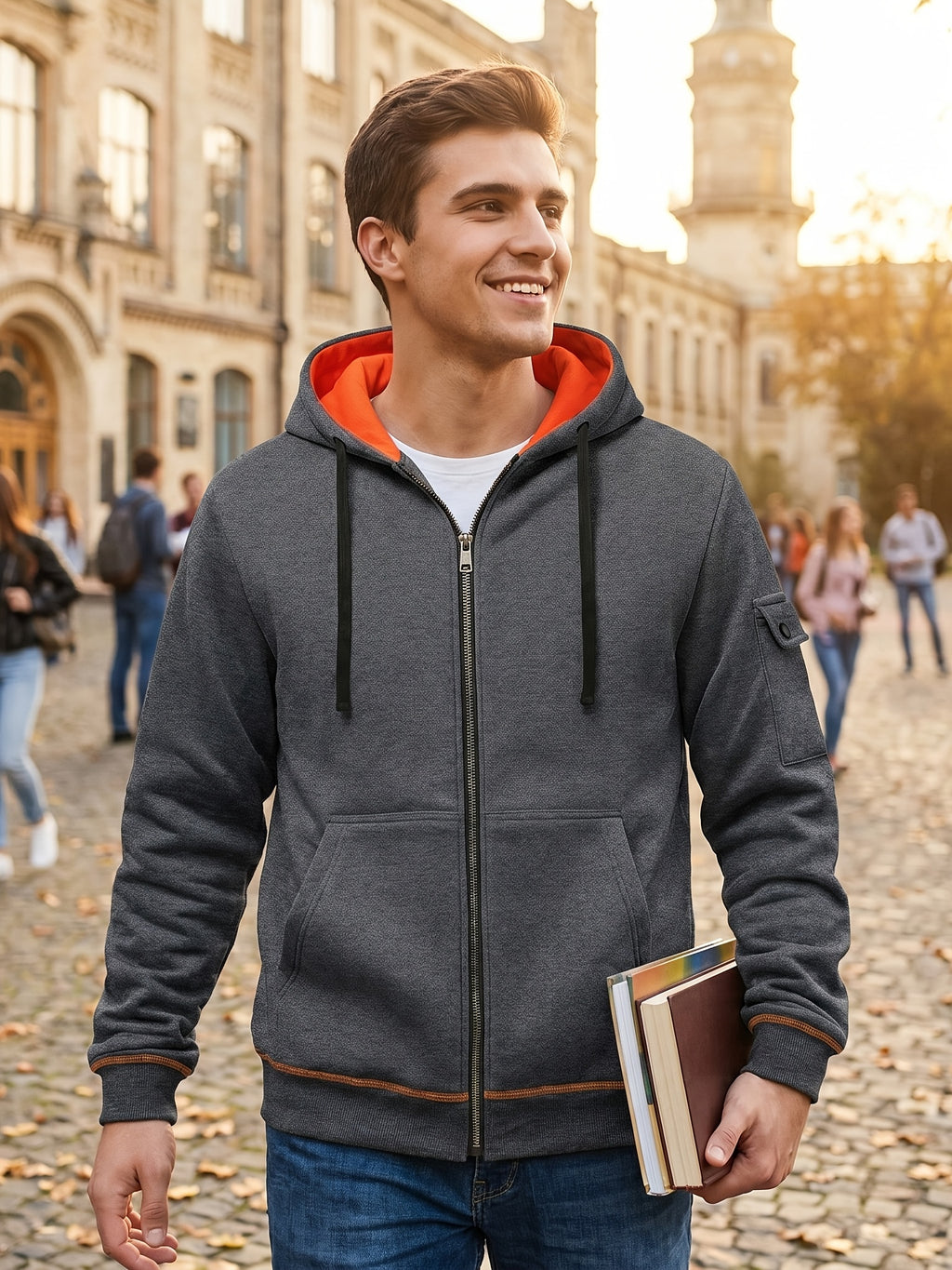 Hoodie, Men'S Fashion Color-Block Zip-Up Hoodie, Multi-Pocket Design Showcasing Individuality, Solid Casual Versatile Hoodie, Autumn/Winter Outerwear - Dark Gray