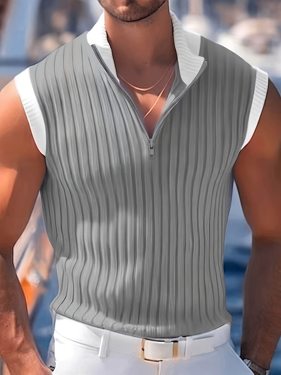 Men'S Sleeveless Knit Top, Sweater, Half-Neck Zip Style, Vertical Striped Knit Fabric, Casual Daily - Space Gray