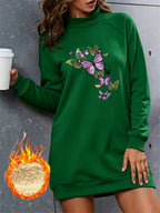 Dreamy Purple-Golden Butterfly Print Half-Turtleneck -Lined Sweatshirt Dress for Women, Autumn/Winter Loose Fit Thickened Midi-Length Top - Green