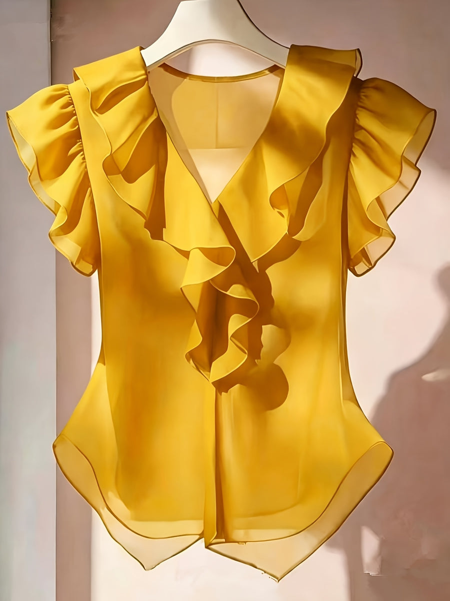 Summer French Solid Ruffled Fly Short Sleeve Shirt Chiffon Top Women'S - Yellow