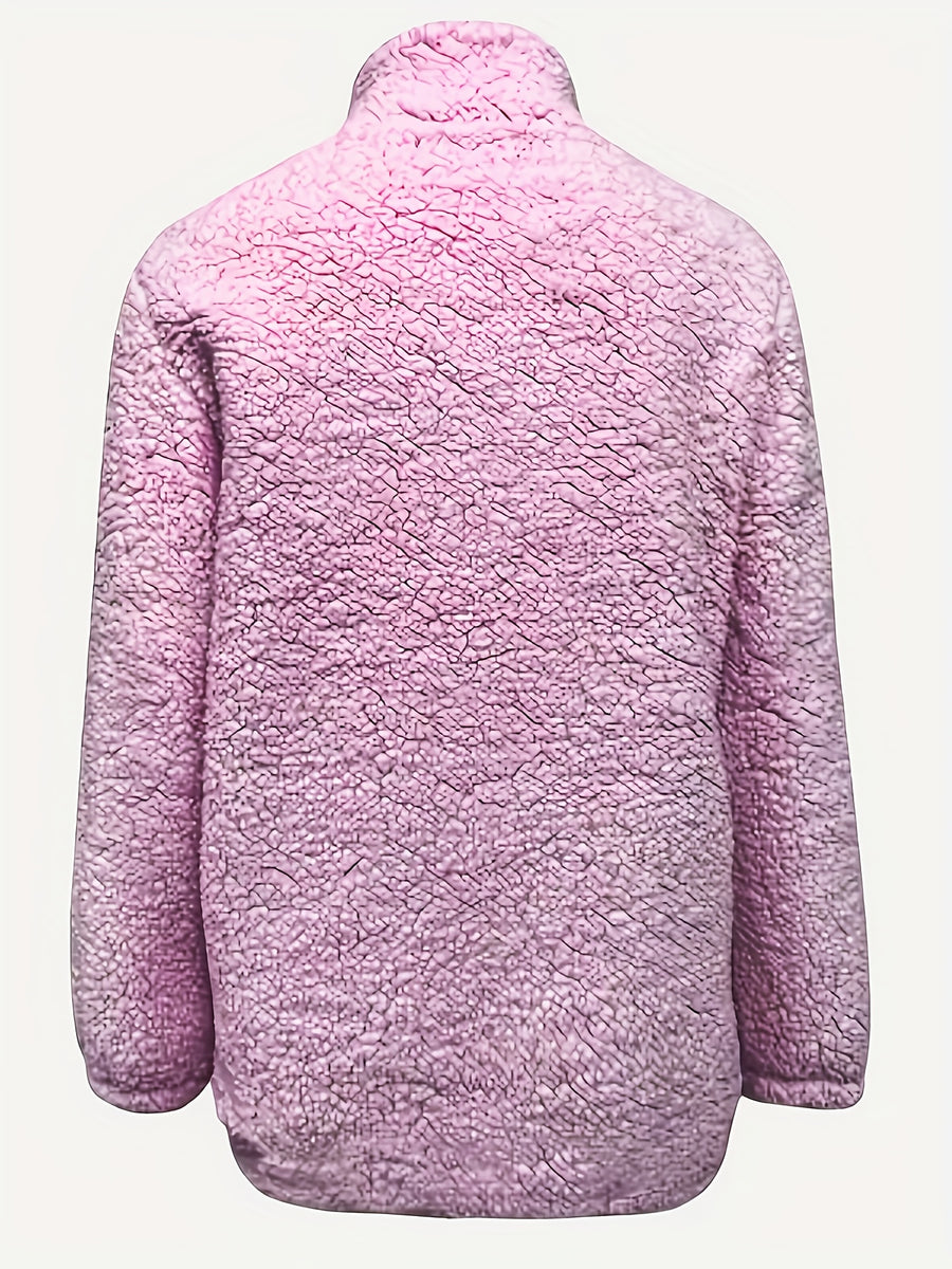 Women'S Faux Small Stand Collar Thick Jacket Coat - Bright Pink Color