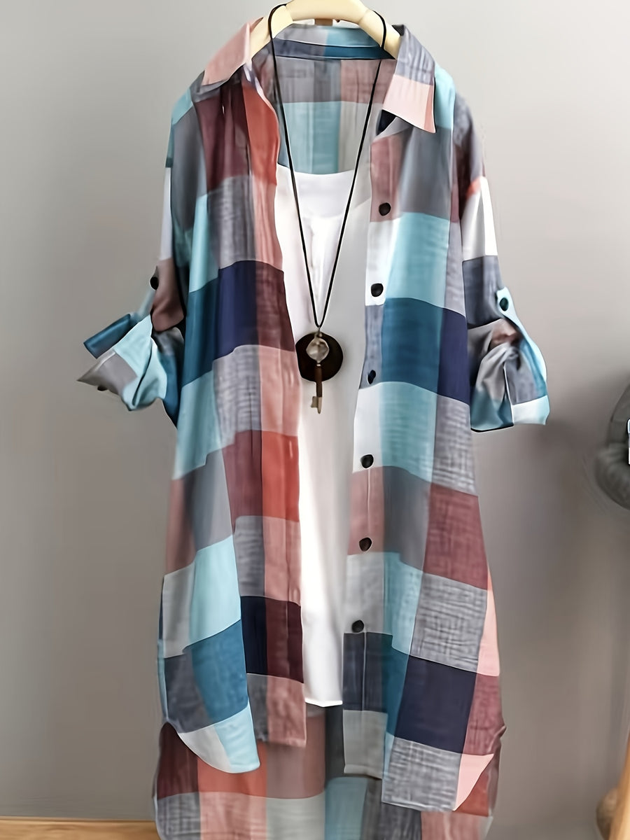 Women's Plaid Shirt Chic Women Blouse Elegant and Women's Blouses New In External Clothes Korean Style - Blue