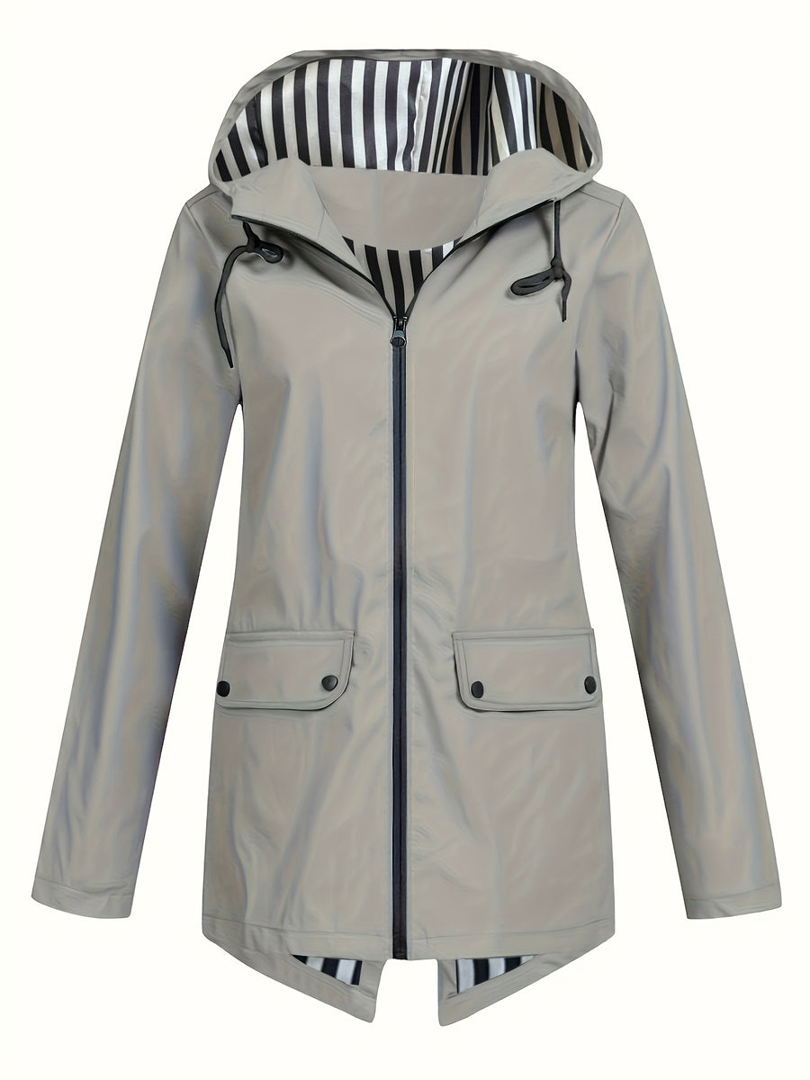 Autumn and Winter Striped Lined Hooded Windbreaker Jacket - Grey