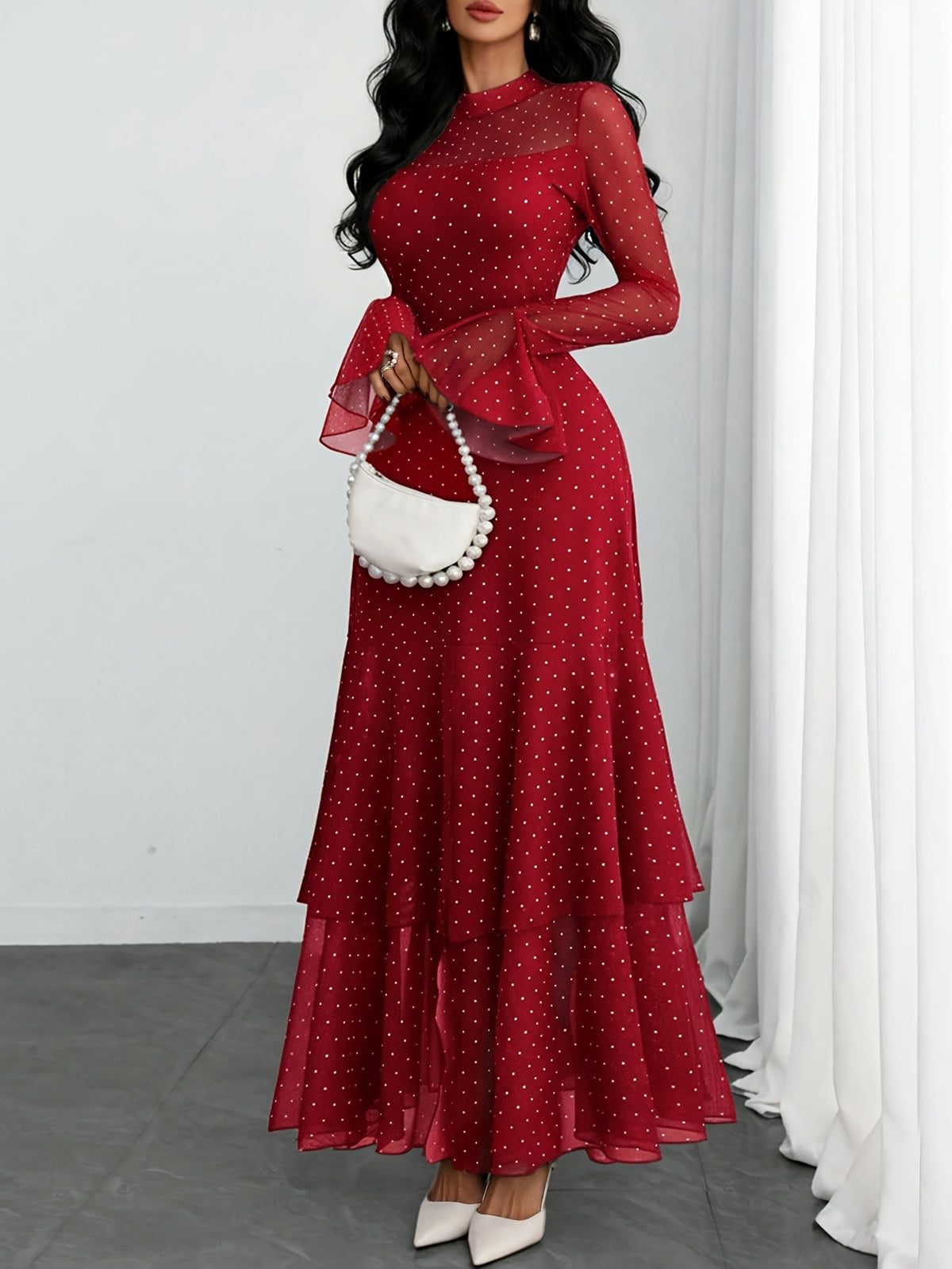 Women'S Romantic Sexy Elegant Modern Polka Dot Printed Stand Collar, Waist Double Slit Multi-Layered Skirt Dress, Suitable for Dates, Vacations, And Casual Wear, Belt Not Included - Red