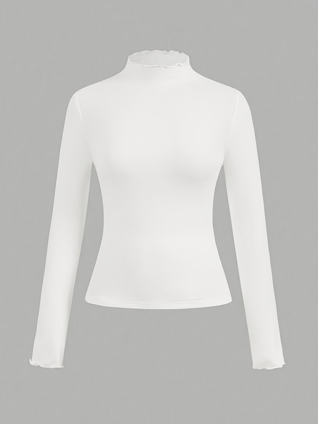 Solid-color Women's Long-sleeved T-shirt with a High Collar - White
