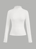 Solid-color Women's Long-sleeved T-shirt with a High Collar - White
