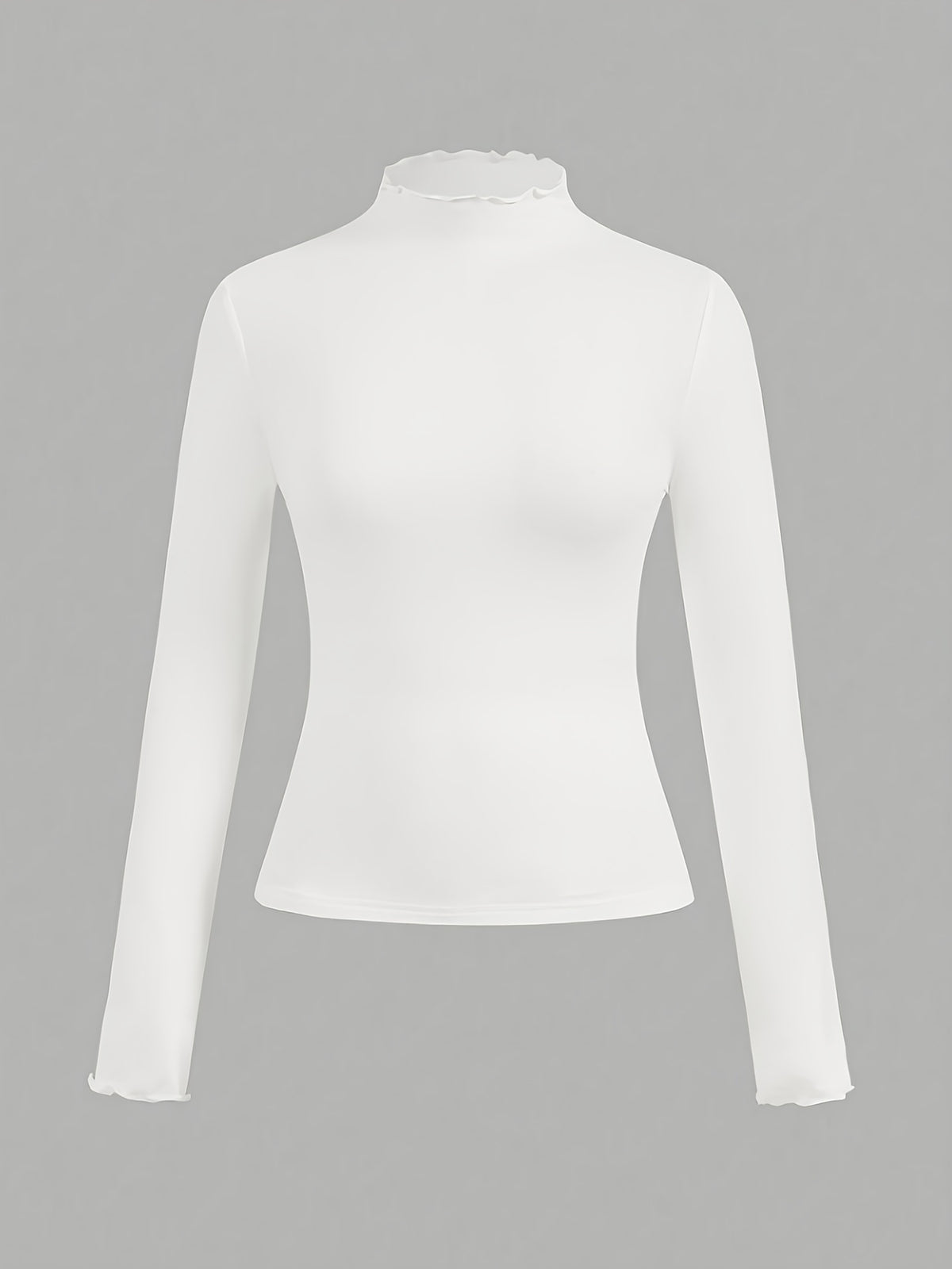 Solid-color Women's Long-sleeved T-shirt with a High Collar - White