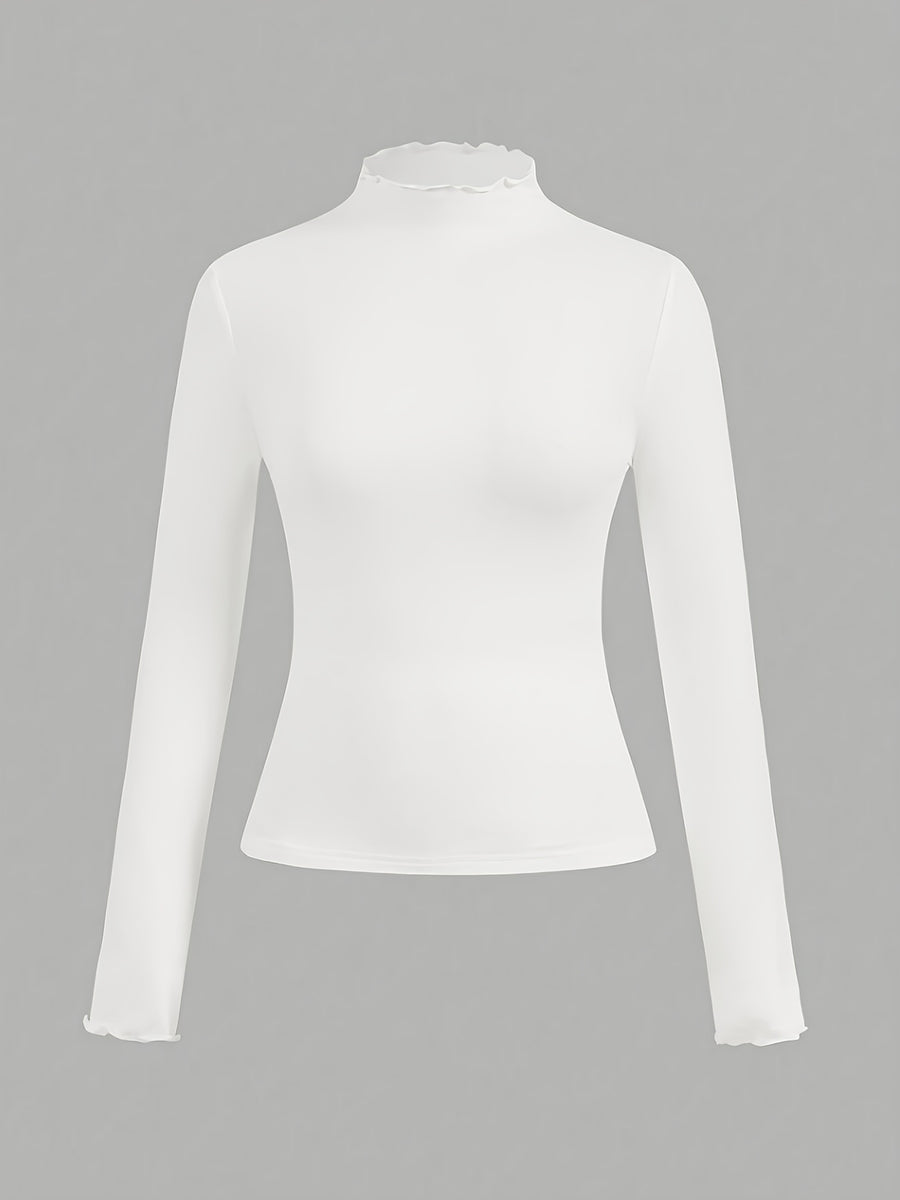 Solid-color Women's Long-sleeved T-shirt with a High Collar - White