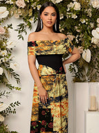 Retro Floral Off-Shoulder Women'S Dress, Artistic Patchwork And French Bare-Shoulder Style - ginger-colored
