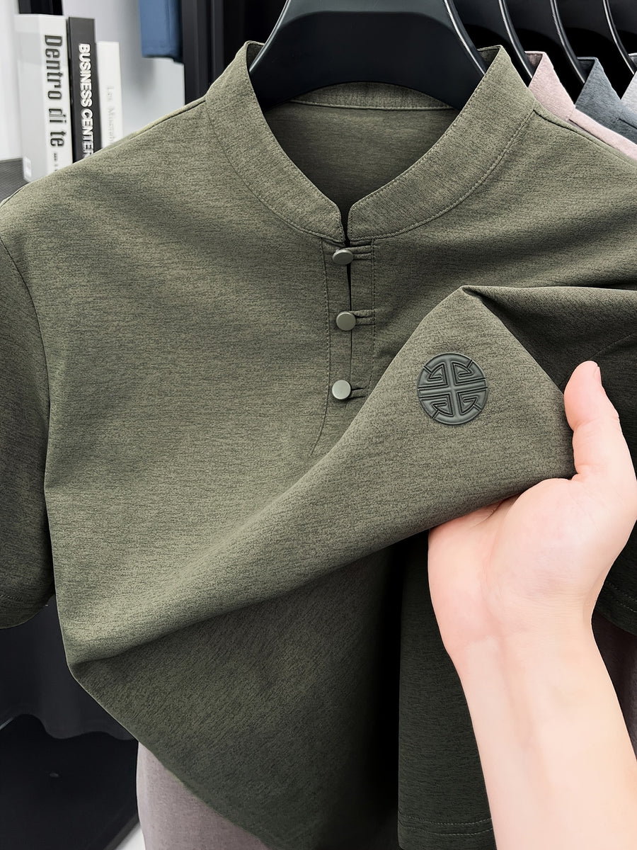 New Summer Chinese Hero Ancient Style Three-Button Access Control Short-Sleeve Men's T-Shirt, Stylish Casual Novelty Men's Top, Refreshing Quick-Drying, Durable and Skin-Friendly Apparel JC8912 - Olive Green
