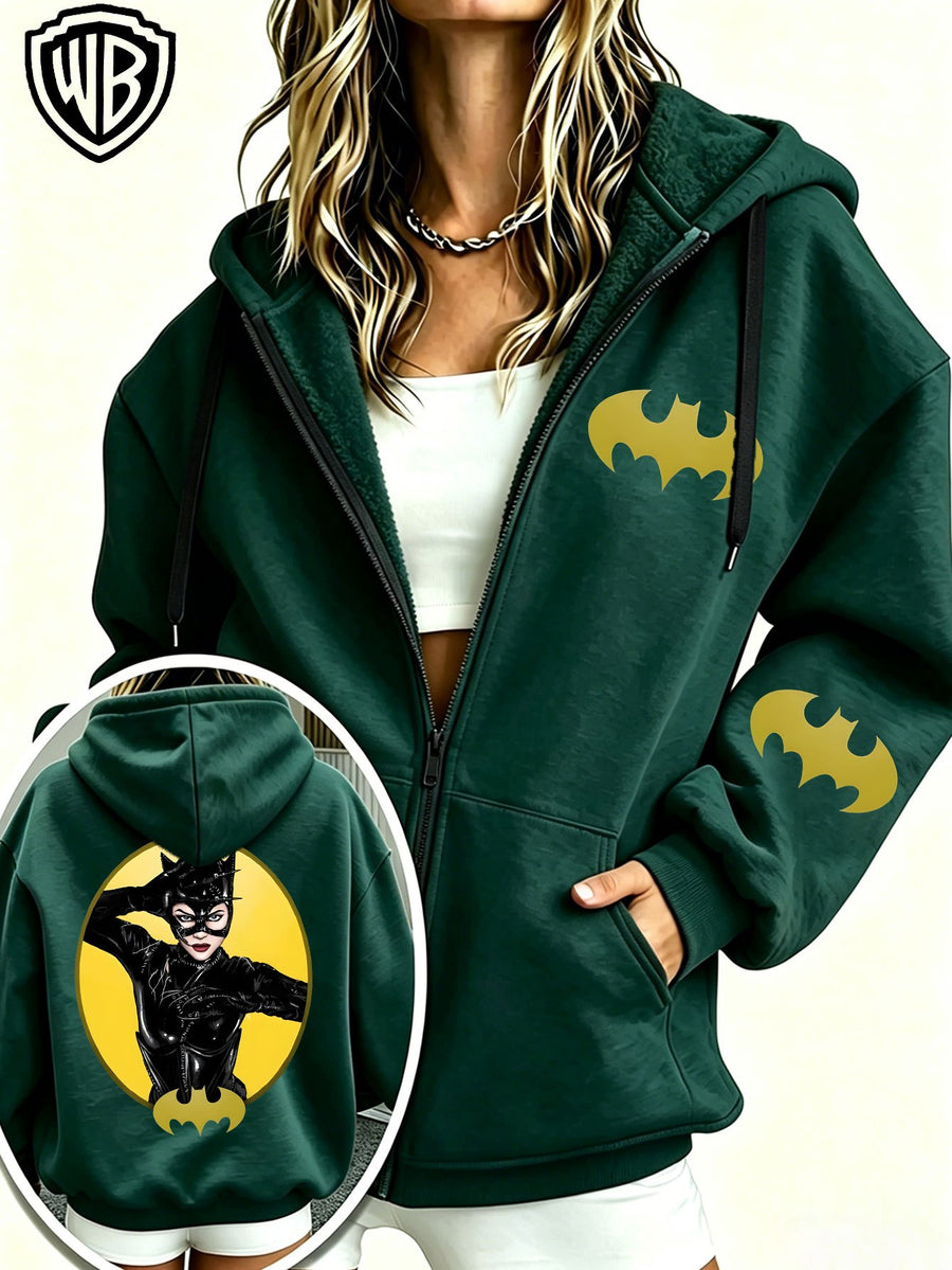 2026 Women's Hoodie DC Batman Catwoman Character Bat Logo Print Zip-Up Open Front Hooded Top Trendy Women's Jacket - Green
