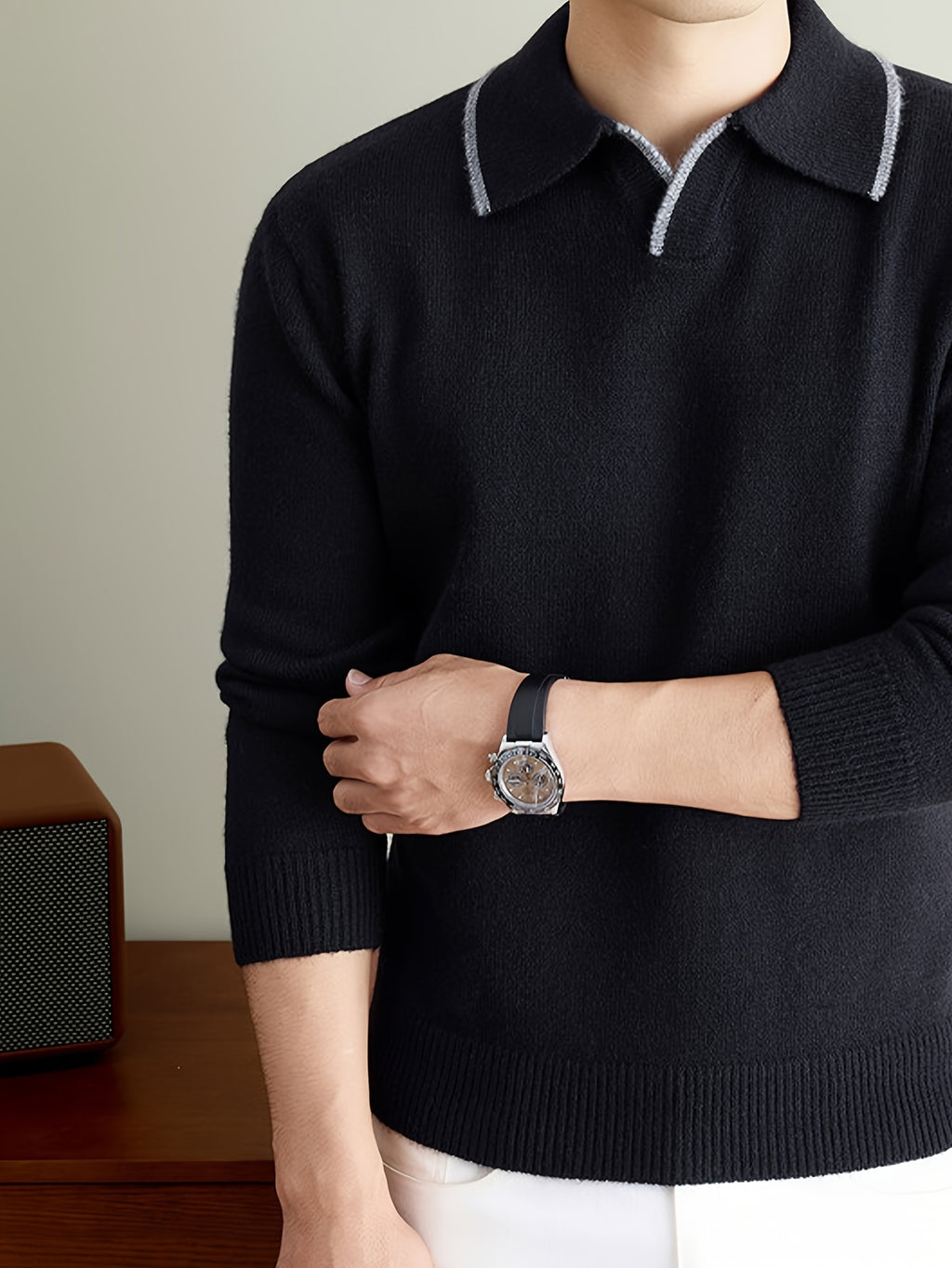 Men'S Color-Block Trimmed Lapel Long Sleeve Knit Sweater, Ribbed Cuffs And Hem, Versatile for Casual And Business Casual Wear - Black