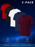 5pcs of High-quality Men's Pure-color Short-sleeved T-shirts, Assorted in 5 Different Colors, Fashionable, Casual, Comfortable, Lightweight, Basic-style Tops, Suitable for Daily Wear, Work, Sports, and as Gifts - 5-Piece Set in Wine Red, Blue, White, and Black