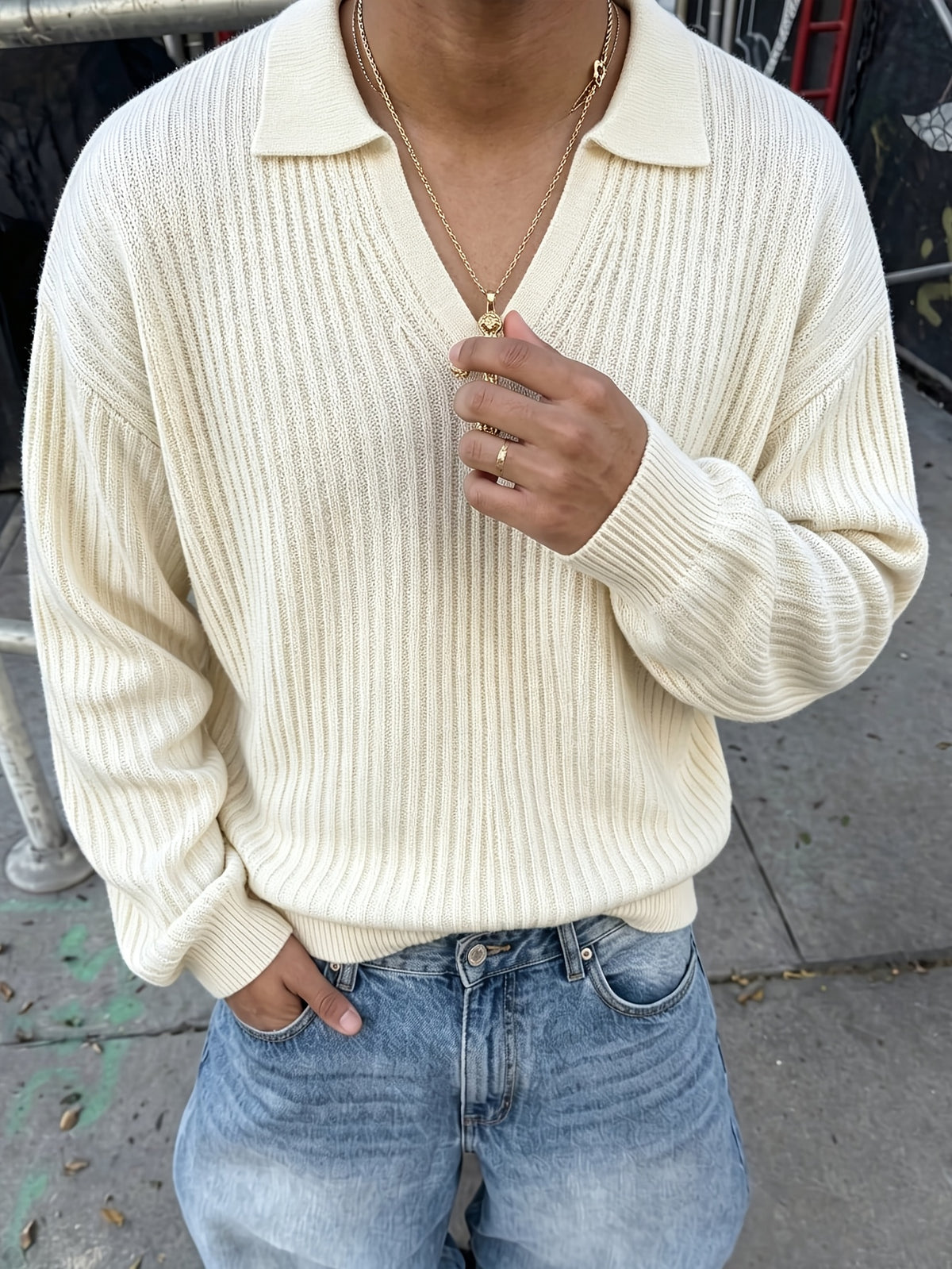 Men's New Autumn/Winter Casual Loose-Fit Minimalist Solid Color Ribbed Korean-Style Versatile Commuting Daily Fabric Long-Sleeve Polo Collar Pullover Top - Apricot