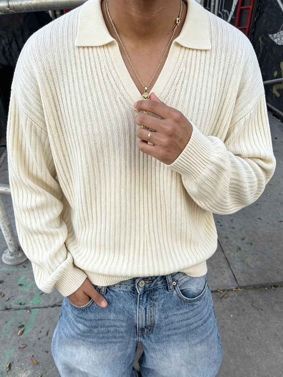 Men's New Autumn/Winter Casual Loose-Fit Minimalist Solid Color Ribbed Korean-Style Versatile Commuting Daily Fabric Long-Sleeve Polo Collar Pullover Top - Apricot