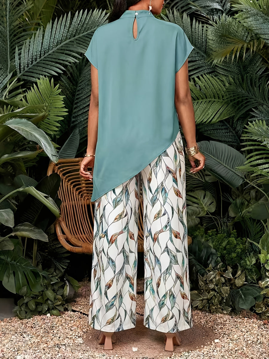 Women'S Elegant Solid Asymmetrical Hem Top And Floral Print Pants Set 2pcs Outfit - Multicolor 1