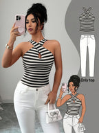Black and White Striped Halter Neck Hollow Vest for Women, Hot Slim Fit Shoulder-Revealing Cropped Top, Suitable for Valentine's Day, Concerts, Performances, Dates, Parties, Evening Events, Sexy, Elegant, Commuting, Back to, Holidays, Beach, Romantic - Black