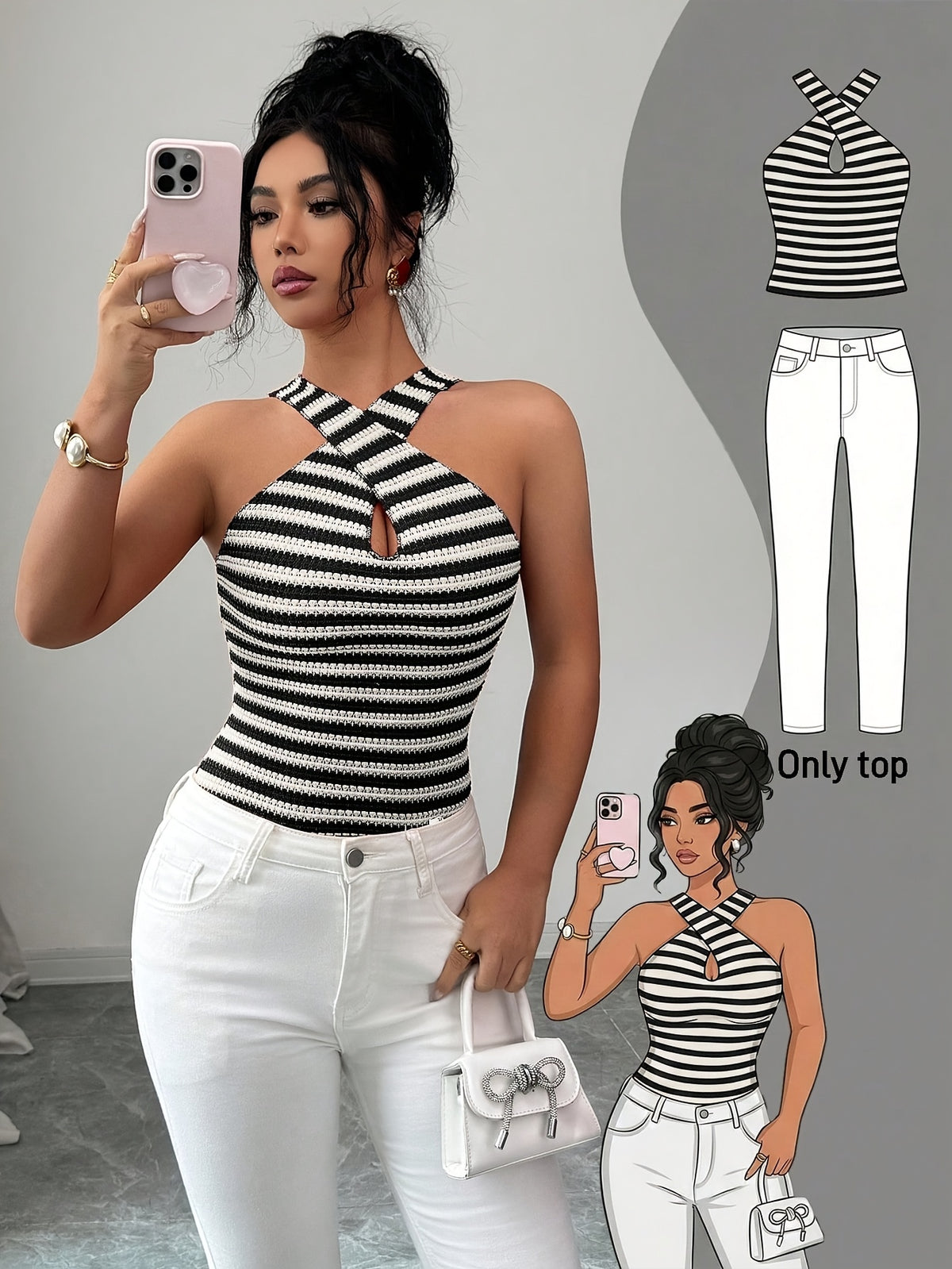 Black and White Striped Halter Neck Hollow Vest for Women, Hot Slim Fit Shoulder-Revealing Cropped Top, Suitable for Valentine's Day, Concerts, Performances, Dates, Parties, Evening Events, Sexy, Elegant, Commuting, Back to, Holidays, Beach, Romantic - Black