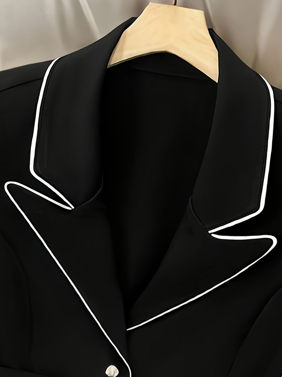 Women's White-trimmed Contrast-color Lapel Waist-cinching Vest Jacket, Includes Belt - Black