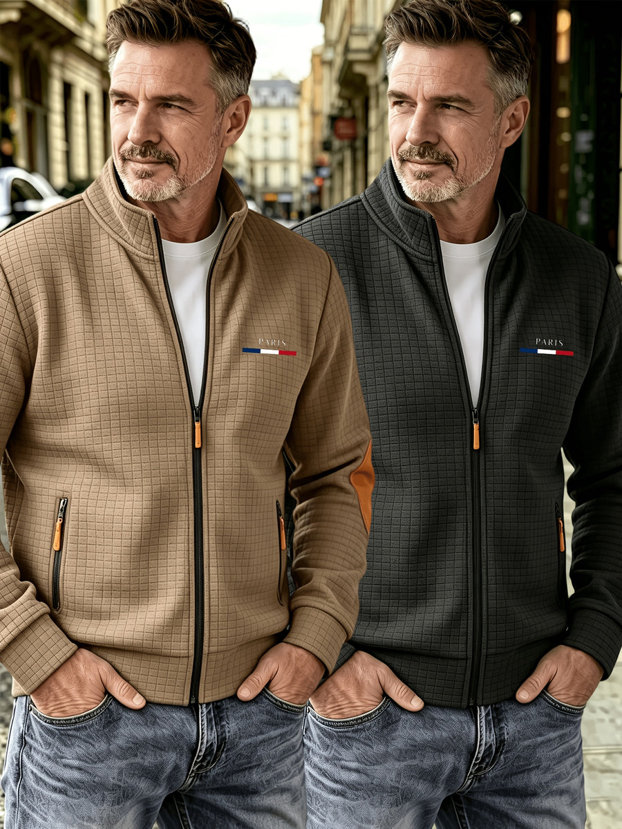 2pcs Men'S Autumn Winter Sports Small Stand-Up Collar Zipper Pocket Jacket, Spring Autumn Versatile Zipper Cardigan Top, Fashionable Plaid Jacquard Texture Fabric, Stylish Elbow Classic Color-Block Casual Coat, Suitable As Men'S Holiday Gift - Khaki + Black