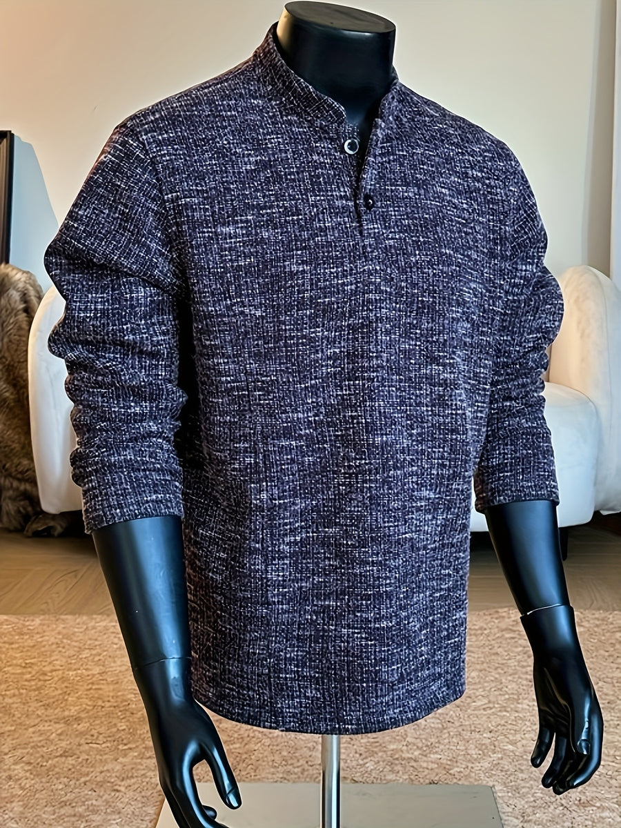 Autumn/Winter Striped Men's Loose Long Sleeve Casual Stand Collar -Lined - Fuchsia