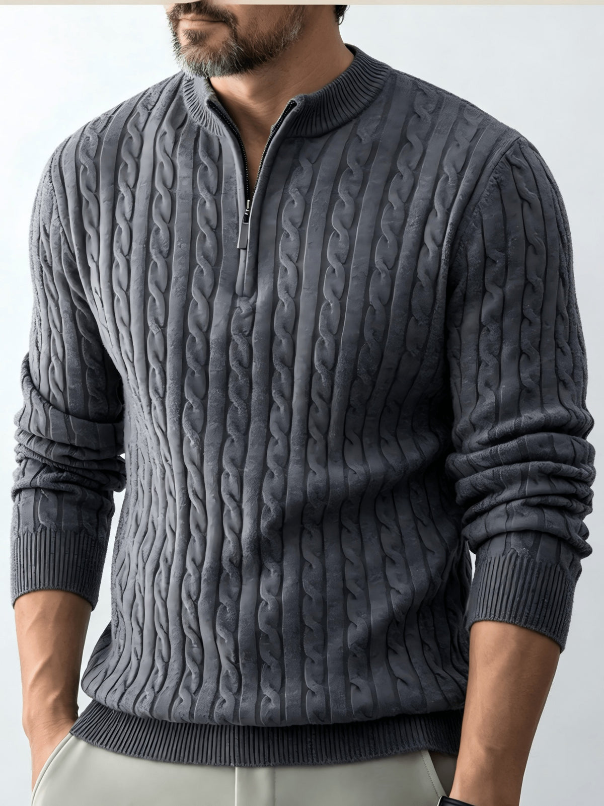 Men's Relaxed-fit Spring and Autumn Style with a Chic Half-zipper Design for a Casual, Laid-back Look. The Exquisite Cable-knit Texture Adds a Vintage Touch, While the Solid Color Offers a Calm and Sophisticated Vibe, Perfect for Creating a Casual - Light Grey