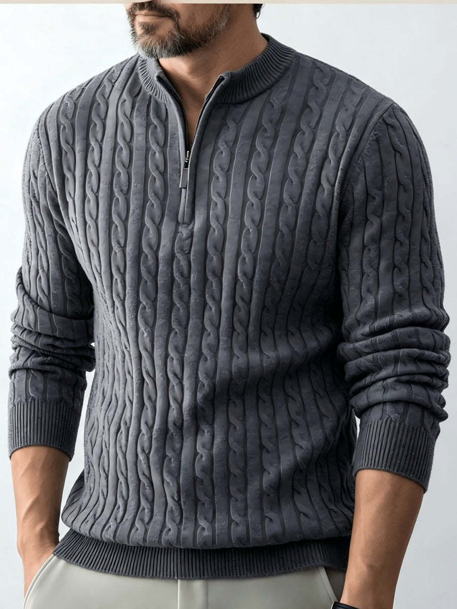Men's Relaxed-fit Spring and Autumn Style with a Chic Half-zipper Design for a Casual, Laid-back Look. The Exquisite Cable-knit Texture Adds a Vintage Touch, While the Solid Color Offers a Calm and Sophisticated Vibe, Perfect for Creating a Casual - Light Grey