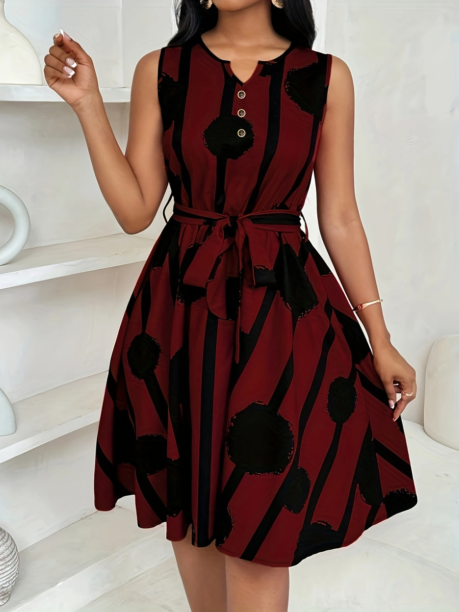 Elegant Sleeveless Belted Dress for Women - Burgundy