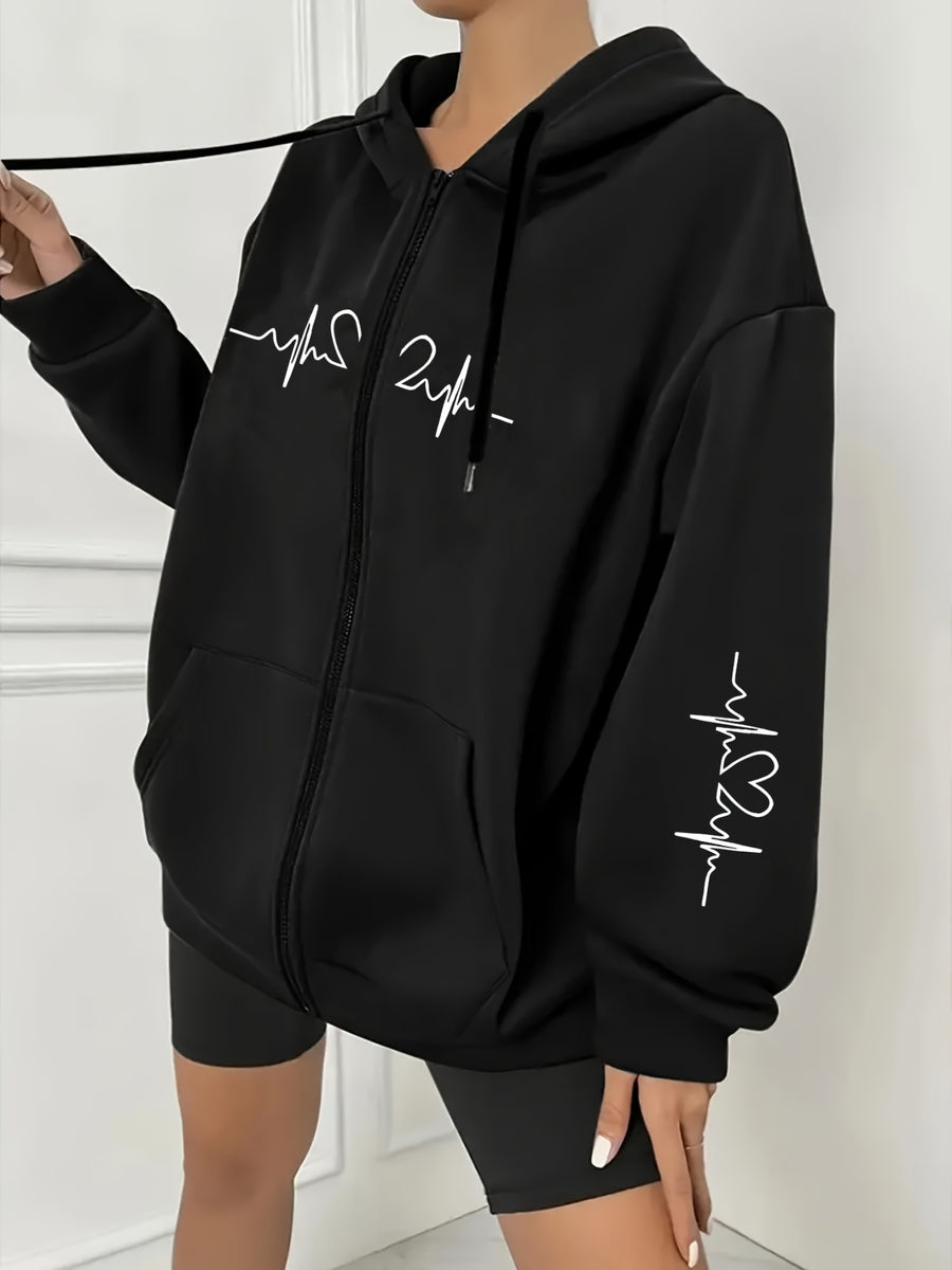 Plus Size - Plus Size - Women'S Plus Size Casual Zip Hoodie with Striking Heart Print, Chest And Sleeve Pattern, Comfortable Machine-Washable Hooded Jacket, And Long-Sleeve Zippered Sweatshirt with Front Pockets - Black